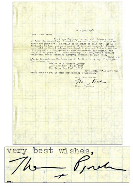 American Novelist Thomas Pynchon Typed Letter Signed -- ''...I would of course be happy to sign some books for your son - it would be an honor...'' -- 1986 -- With PSA/DNA COA