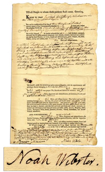 Noah Webster Document Signed -- 1812 Deed in Amherst, Massachusetts