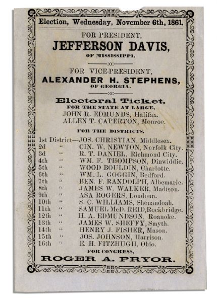 Confederate Election Ballot for Jefferson Davis -- From Virginia in 1861 -- Rare