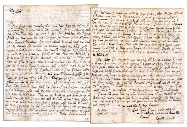 Satirist Jonathan Swift's Very Witty Autograph Letter Signed -- ''...[he] is as high a Whig and more...And yet he is a very honest Gentleman...a Doctor who kills or cures half the city...'' -- 1735