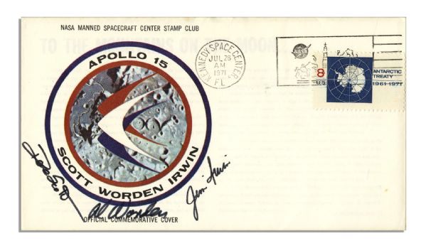 Apollo 15 Crew-Signed NASA Insurance Cover -- Al Worden, Dave Scott & Jim Irwin -- Cancelled 26 July 1971 -- 6.5 x 3.75 -- Near Fine -- With COA From Worden