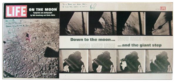 Neil Armstrong Twice-Signed LIFE Magazine Featuring His Autograph Inscription About The Moon -- ''...It's a bright but quiet spot...'' -- With PSA/DNA COA