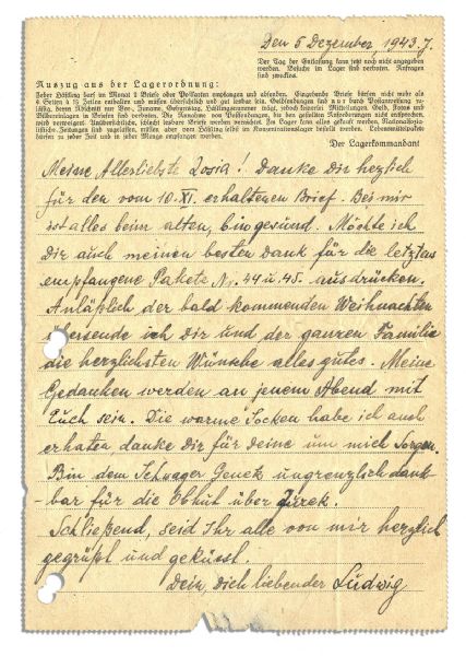 1943 Autograph Letter Signed by a Prisoner in Sachsenhausen Concentration Camp -- …Thankfully I have received the parcel. In it there was marmalade, sugar, dough…bread and apples…