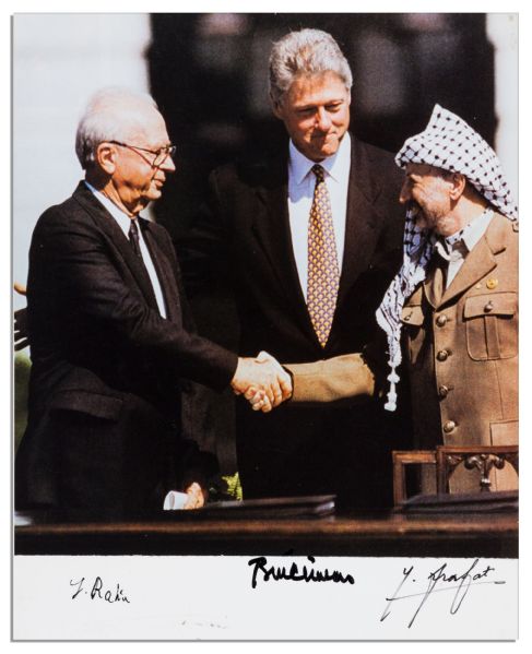Bill Clinton, Yassir Arafat & Yitzhak Rabin Signed 8'' x 10'' Photo -- Scarce Signed Photo of the Middle East Peace Accords at the White House in 1993