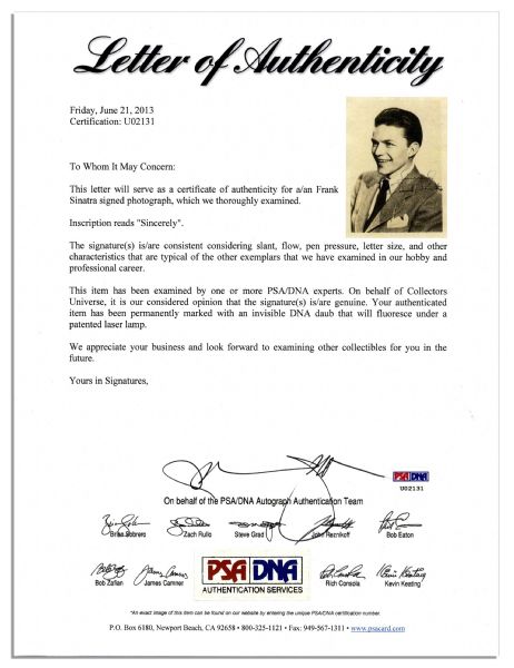 A Young Frank Sinatra Signed Photo -- With PSA/DNA COA