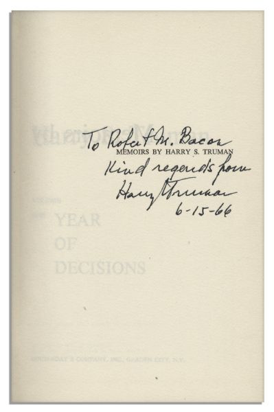Harry Truman Memoirs Signed Two-Volume Set -- Both Volumes Include Dustjackets