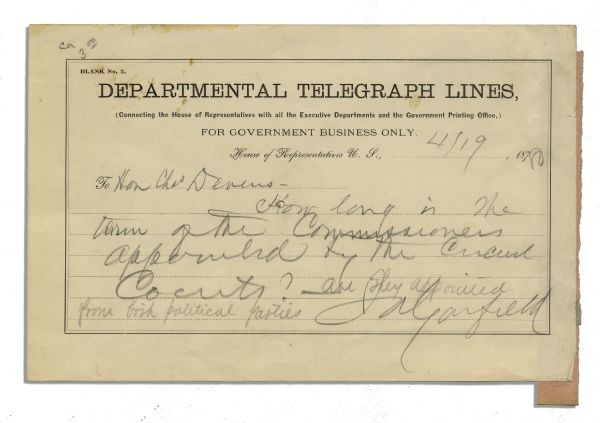 James Garfield Signed Telegram From 1880 -- The Year He Was Elected President