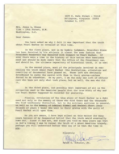 Letter Signed by the Diplomat Who Warned of Pearl Harbor -- With Inflammatory Content -- ''...concealing the truth about Pearl Harbor (the destruction, alteration and rewriting of documents)...''