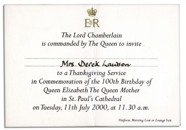 Queen Elizabeth The Queen Mother's 100th Birthday ''Thanksgiving Service'' Invitation