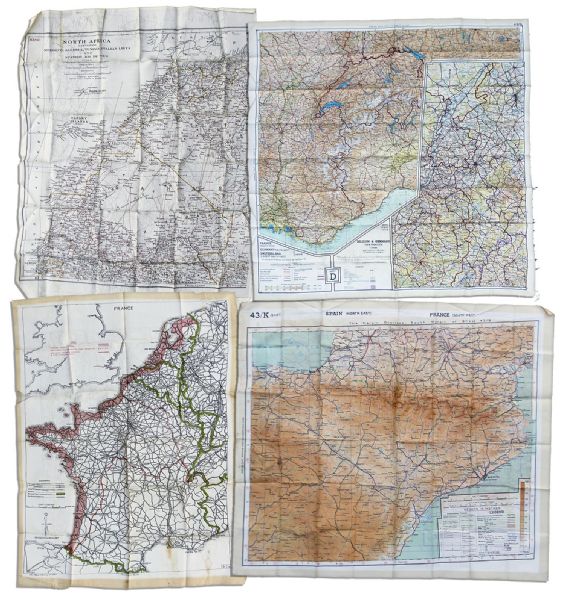 Lot of 4 WWII Escape Maps Printed on Silk & Issued to U.S. Air Force Pilots