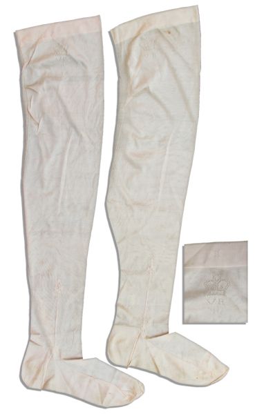 Rare Pair of Queen Victoria Custom Stockings Made With Her Royal Cypher -- Blush Color Stockings From Before Albert's Death, After Which She Exclusively Wore Black