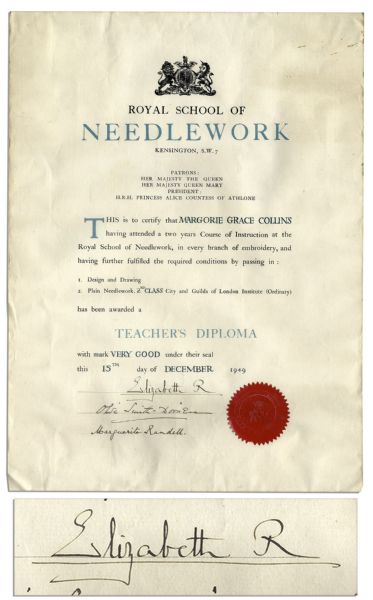 Queen Mother Signed Diploma From The Royal School of Needlework -- 1949