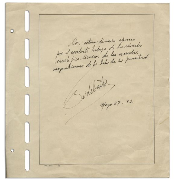 Fidel Castro Autograph Note Signed as President of Cuba -- ''...for the excellent work within the scientific - technical circles of the Mozambiquan schools on the Island of Youth...''