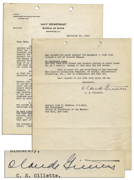 Admiral Claude Gillette Typed Letter Signed -- Detailing the Torpedo Damage on the U.S.S. California During the Attack on Pearl Harbor