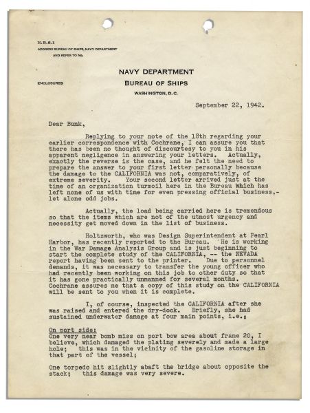 Admiral Claude Gillette Typed Letter Signed -- Detailing the Torpedo Damage on the U.S.S. California During the Attack on Pearl Harbor