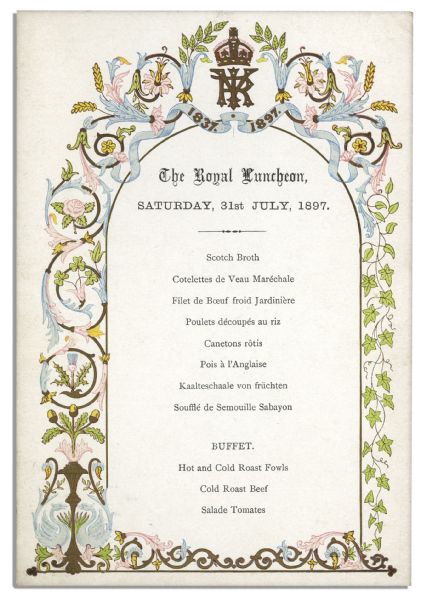 Royal Luncheon Menu From Queen Victoria's Diamond Jubilee in 1897