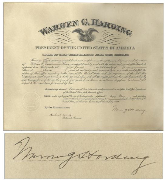 Warren G. Harding Document Signed as President
