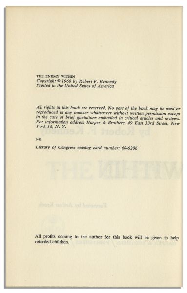 Robert Kennedy Signed ''The Enemy Within'' -- Chronicle of His Role as Leader of The Congressional Inquiry Into The Teamsters Union Scandal