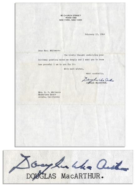 Douglas MacArthur Typed Letter Signed Less Than 2 Months Before His Death -- ''...The kindly thought underlying your birthday greeting moved me deeply...''