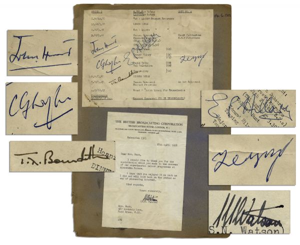 Mount Everest Team Signatures From 1953 -- Edmund Hillary, Tenzing, John Hunt, Tom Bourdillon and C.G. Wylie -- With a COA From Fraser's Autographs
