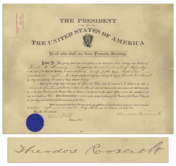 Large Theodore Roosevelt Military Document Signed as President