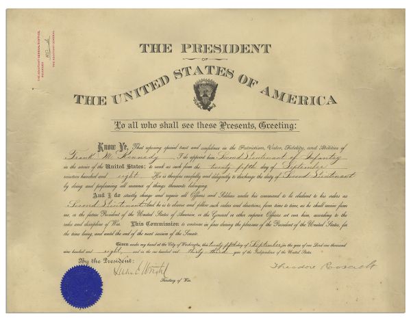 Large Theodore Roosevelt Military Document Signed as President