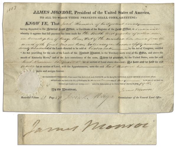 James Monroe Land Grant Document Signed as President