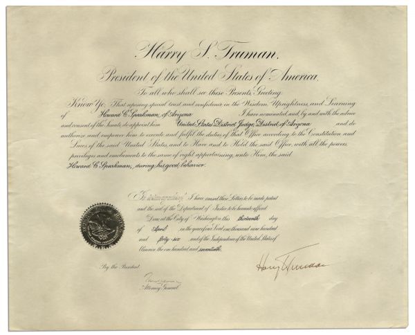Harry Truman Large 20'' x 16'' Document Signed as President