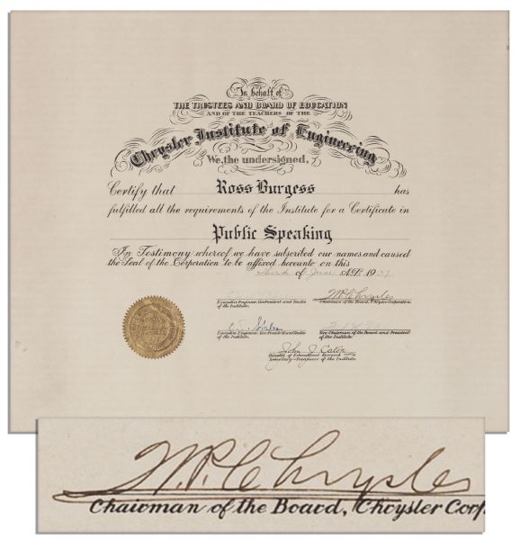 Walter Percy Chrysler Document Signed
