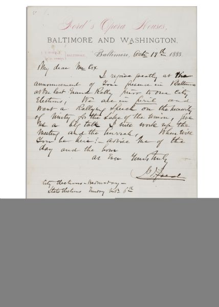 John T. Ford Autograph Letter Signed -- Owner of Ford's Theater Where Lincoln Was Shot -- ''...We are in peril...for the sake of the Union...''