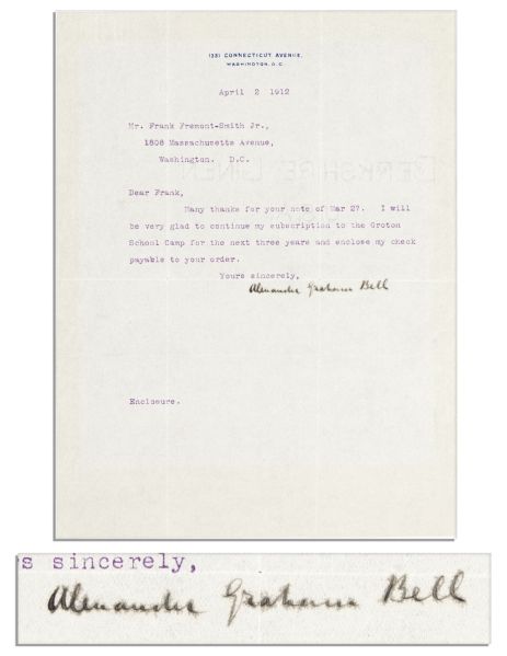 Alexander Graham Bell Typed Letter Signed Regarding Philanthropy -- ''...continue my subscription to the Groton School Camp for the next three years and enclose my check...''