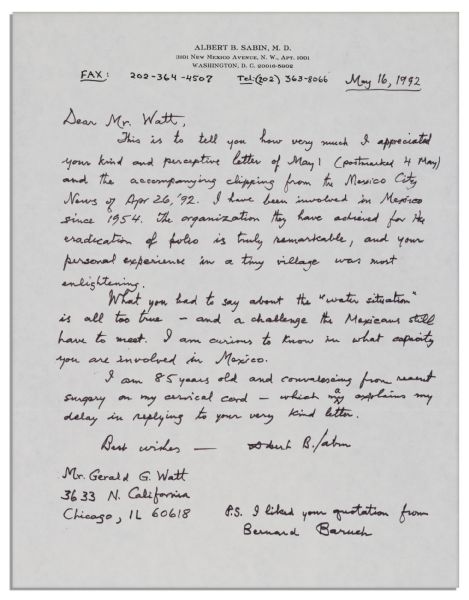 Polio Vaccine Dr. Albert B. Sabin Autographed Letter Signed Regarding Polio in Mexico -- ''...The organization they have achieved for the eradication of polio is truly remarkable...''