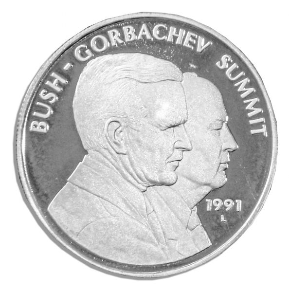 Bright Silver Coin Commemorating The Bush-Gorbachev Meeting at The Malta Summit -- The Event Credited With Ending The Cold War -- Fine Condition