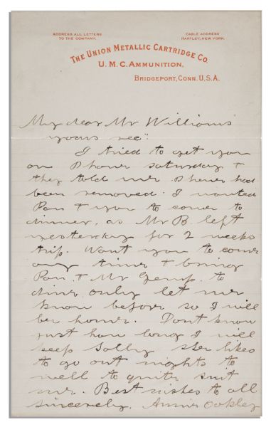 Superstar Sharpshooter Annie Oakley Autograph Letter Signed -- ''...Don't know just how long I will keep Sally. She likes to go out nights to [sic] well to quite suit me...''