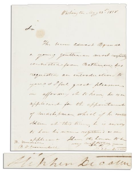 Stephen Decatur Autograph Letter of Introduction Signed