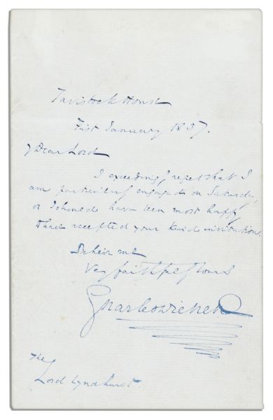Charles Dickens Autograph Letter Signed -- ''...I exceedingly regret that I am particularly engaged on Saturday, or I should have been most happy to have accepted your kind invitation...''