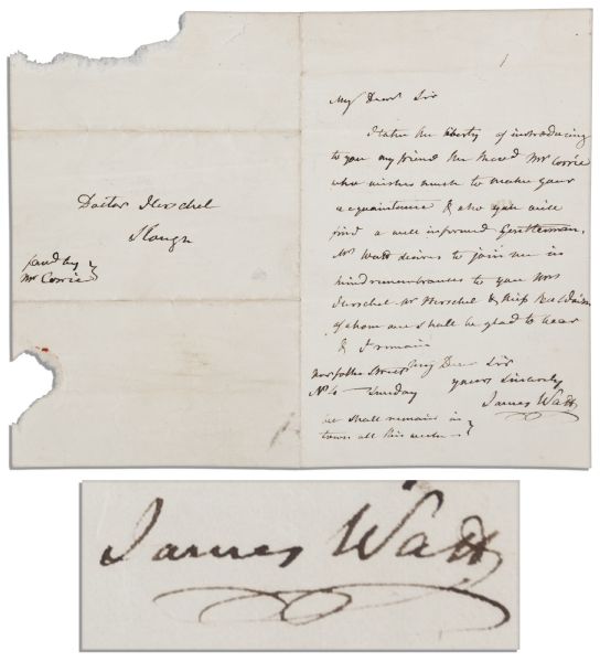 Rare James Watt Autograph Letter of Introduction Signed to William Herschel, The Discoverer of Uranus -- ''...my friend...Mr. Corrie who wishes much to make your acquaintance...''