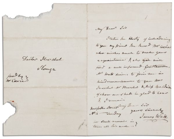 Rare James Watt Autograph Letter of Introduction Signed to William Herschel, The Discoverer of Uranus -- ''...my friend...Mr. Corrie who wishes much to make your acquaintance...''