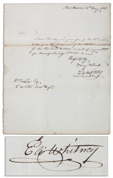 Eli Whitney Autograph Letter Signed -- ''...a remittance of six thousand dollars or on acct of my contract for manufacturing arms...''