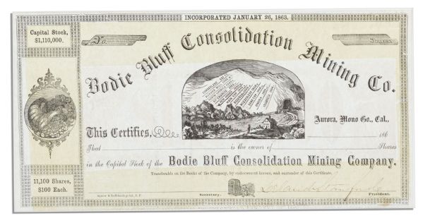 Leland Stanford Stock Certificate Signed as President of the Bodie Bluff Consolidation Mining Company