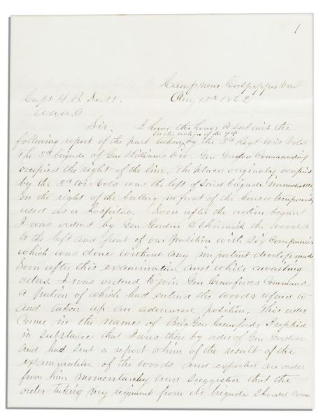 Civil War Lieutenant Colonel Thomas Ruger Handwritten Report on the Battle of Cedar Mountain -- ''...My regiment remained and continued fire until the line was driven back...''