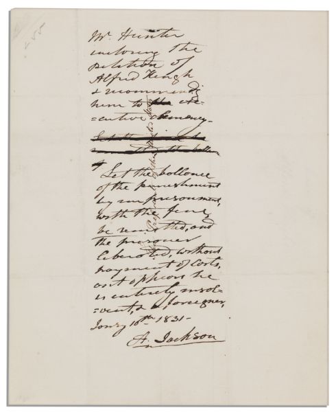Andrew Jackson Autograph Endorsement Signed as President -- Granting Executive Clemency
