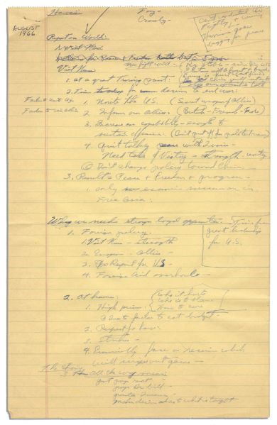 Richard Nixon 1966 Handwritten Notes on Ending the War in Vietnam & China -- With Excellent Content -- Time for decision to end war…1. Unite the U.S. & Don't change policy toward China