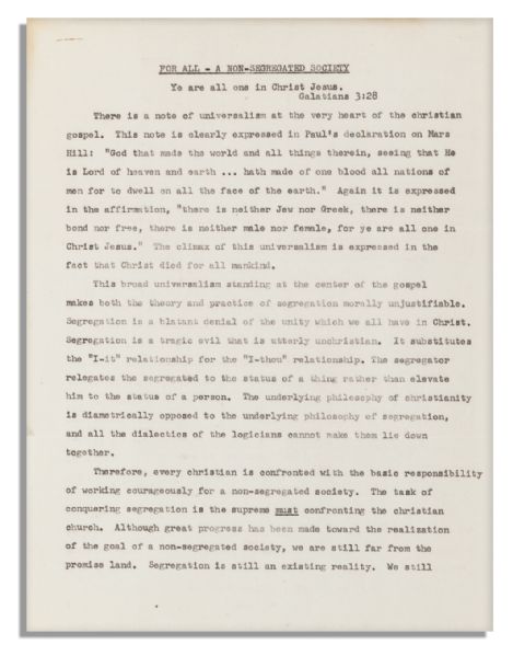 Early Drafts of Martin Luther King's Address Titled, ''For All - A Non-Segregated Society'' -- Given at The 35th Annual Race Relations Sunday by the National Council of Churches