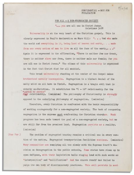 Early Drafts of Martin Luther King's Address Titled, ''For All - A Non-Segregated Society'' -- Given at The 35th Annual Race Relations Sunday by the National Council of Churches