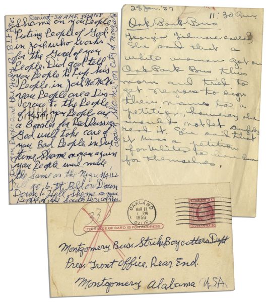 Pair of Letters Relating to the Montgomery Bus Boycott & Expressing the Racist Sentiments of the Era -- From the Collection of Maude Ballou, Martin Luther King Jr.'s Secretary