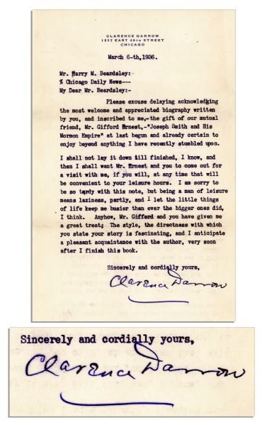 Clarence Darrow Typed Letter Signed -- ''...'Joseph Smith and His Mormon Empire' at last begun and already certain to enjoy beyond anything I have recently stumbled upon...'' -- 1936