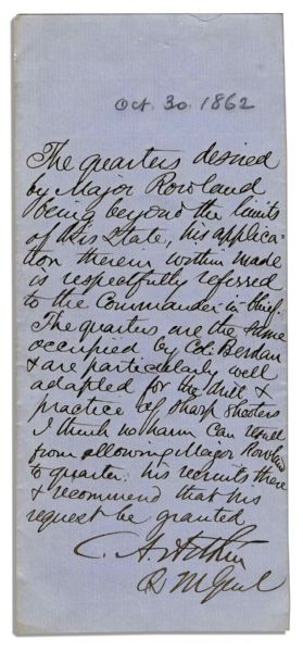 Chester Arthur Autograph Document Signed During the Civil War -- ''...The quarters...are particularly well adapted for the drill and practice of sharp shooters...''
