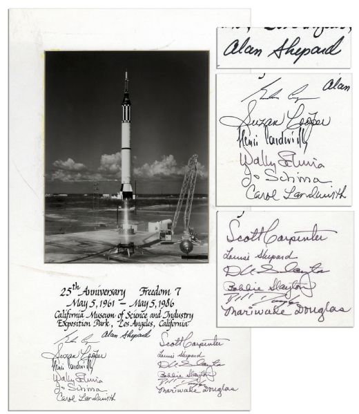Photo Display Signed by Alan Shepard, Gordon Cooper, Deke Slayton, Wally Schirra and Scott Carpenter -- Upon the 25th Anniversary of the Mercury-Redstone 3 Mission