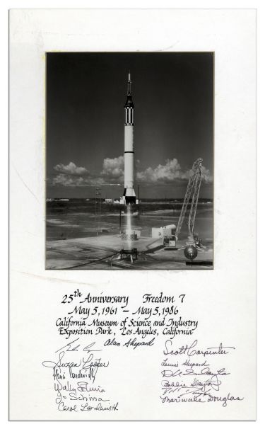 Photo Display Signed by Alan Shepard, Gordon Cooper, Deke Slayton, Wally Schirra and Scott Carpenter -- Upon the 25th Anniversary of the Mercury-Redstone 3 Mission